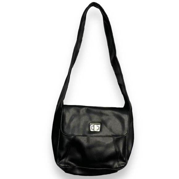 Faux Leather Shoulder Bag Womens Black Pockets Retro Pockets Minimalist Turnlock - Picture 1 of 11